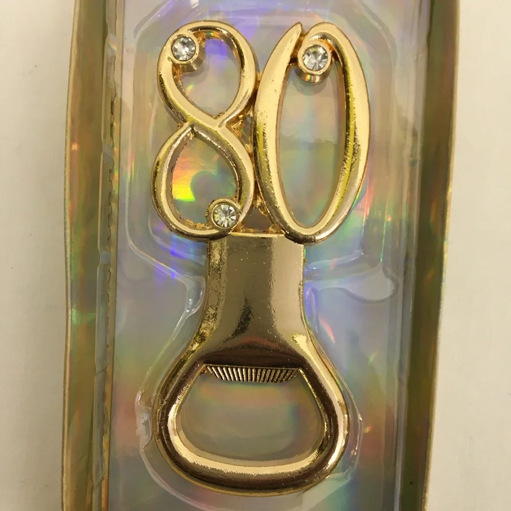 80th birthday anniversary celebration party bottle opener gold tone rhinestones